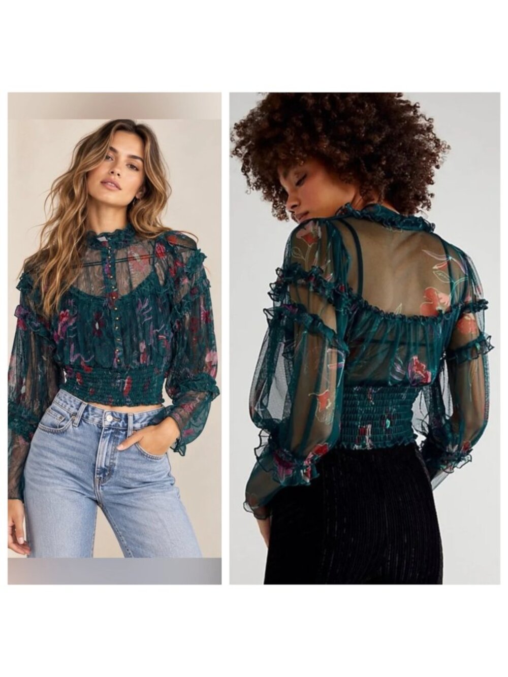 Free People Time For Shine Cropped Top Smocked Mesh Ruffle Floral Green Size M